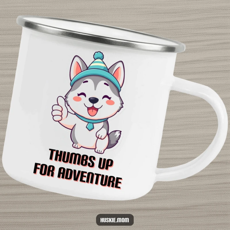 Funny Kawaii Husky Camping Mug: A durable mug featuring a cute Husky in a silly hat giving a thumbs up, perfect for outdoor fun.