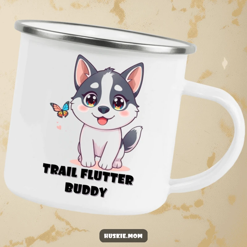 Funny Kawaii Husky Camp Mug: A cute husky chases a butterfly, perfect for outdoor, humorous sipping.