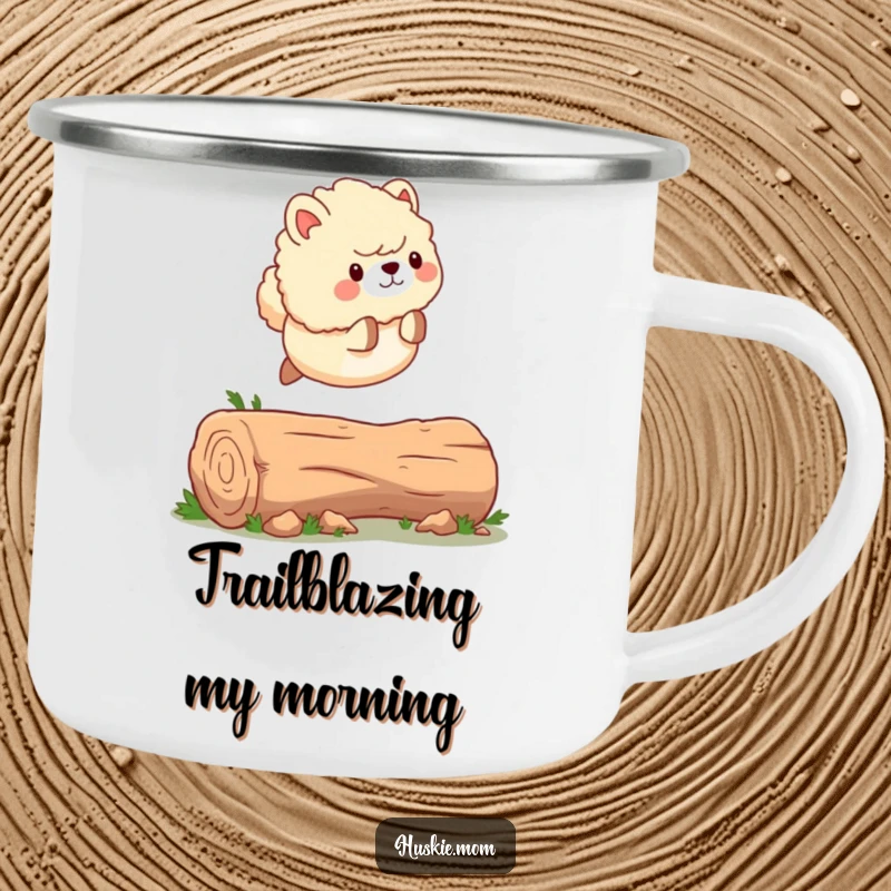 Funny Camping Mug: A cute fluffy animal with a wagging tail, leaping over a log, perfect for outdoor energy.
