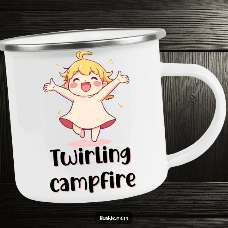 Funny Camping Mug: A character spins with arms thrown wide, radiating pure joy and ready for outdoor fun.