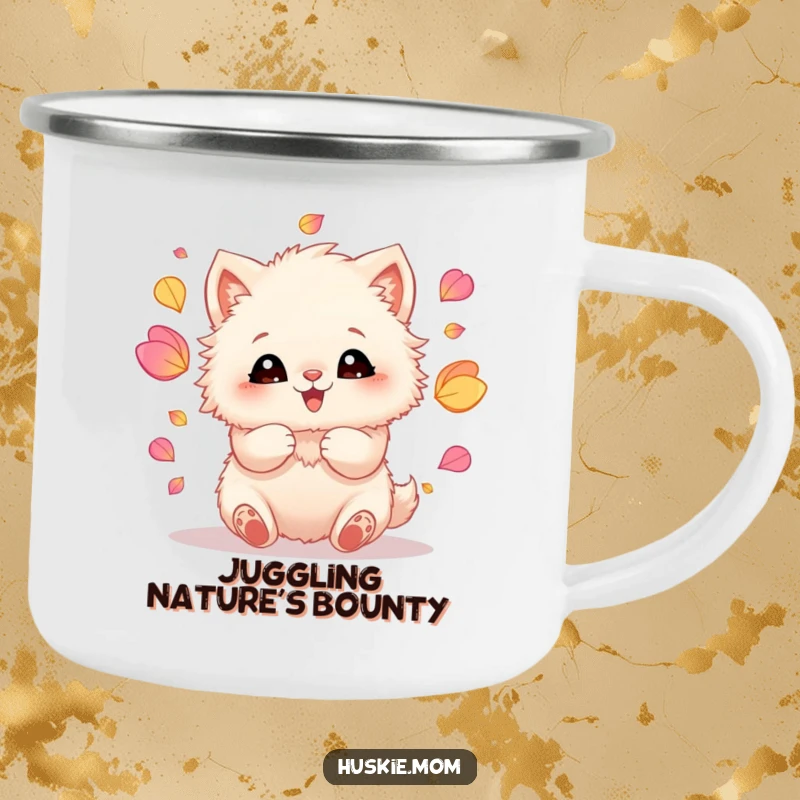 Funny camping mug illustration of a fluffy animal joyfully juggling colorful petals with its paws, ideal for outdoor enthusiasts.