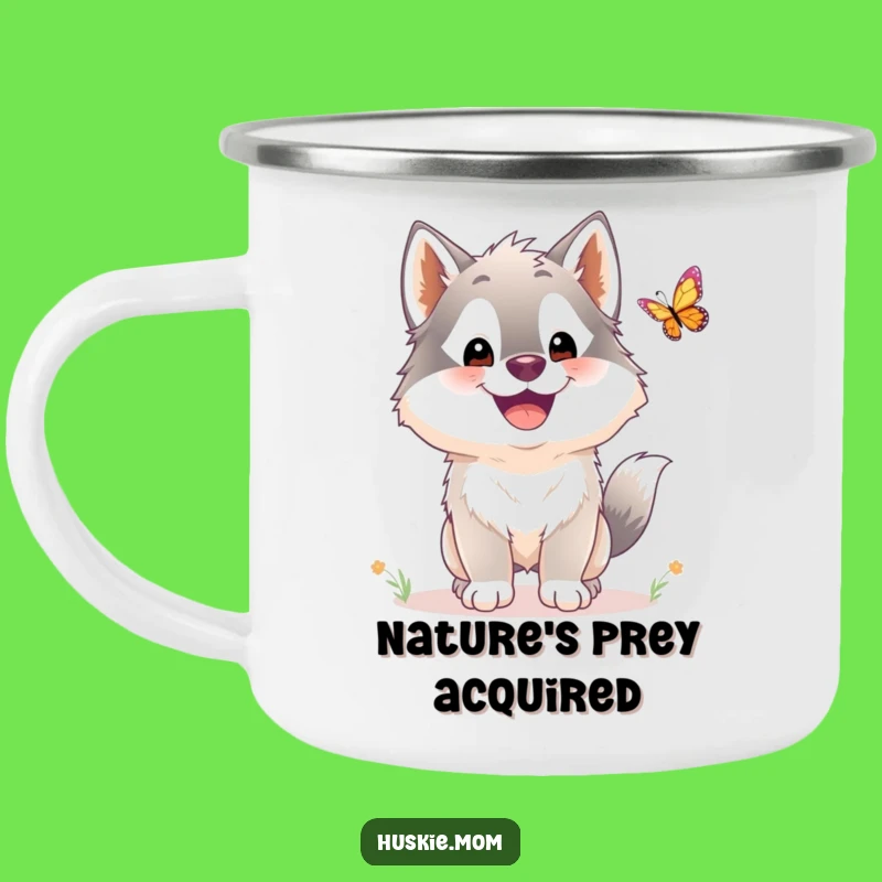 Funny Husky Butterfly Chase Camping Mug: Rugged Fluffy Dog Outdoor Funny Gift