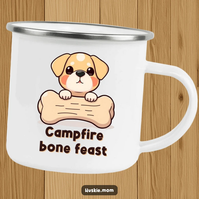Peek-a-Boo Bone Dog Camping Mug: A small, round dog peeks from behind a giant bone, perfect for enjoying drinks outdoors with humor.
