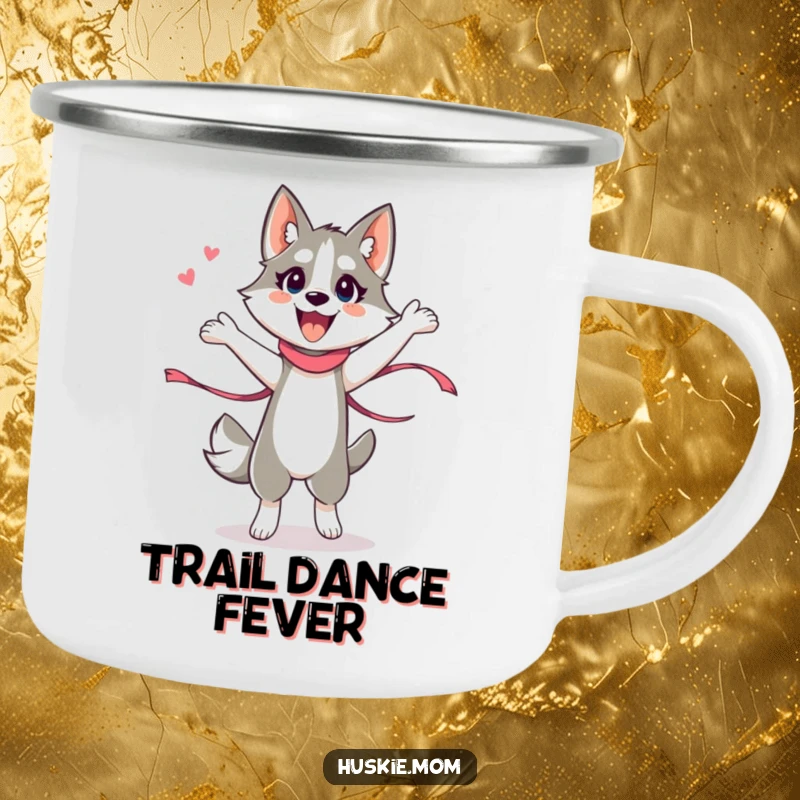 Funny Husky Lady Camping Mug, sturdy and portable, showing an energetic husky lady performing a silly ribbon dance, for outdoor fun.