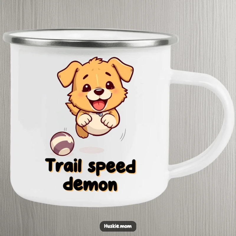 Fast Chasing Dog Camping Mug: A dog playfully chases a ball with speed lines, perfect for enjoying drinks outdoors with humor.