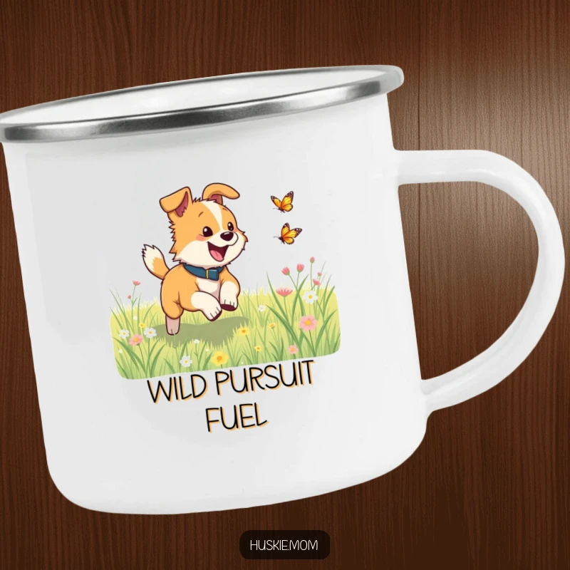 Funny dog excitedly chasing a butterfly in a meadow on a sturdy camping mug, perfect for energetic outdoor moments.