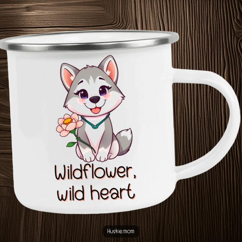 Funny Husky Lady Camping Mug, durable enamel, showing a proud husky lady holding a blooming flower, perfect for outdoor enthusiasts.