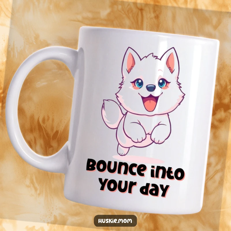 Funny Husky Puppy Mug: Adorable husky pup with blue eyes and floppy ear, jumping joyfully, ideal funny gift.