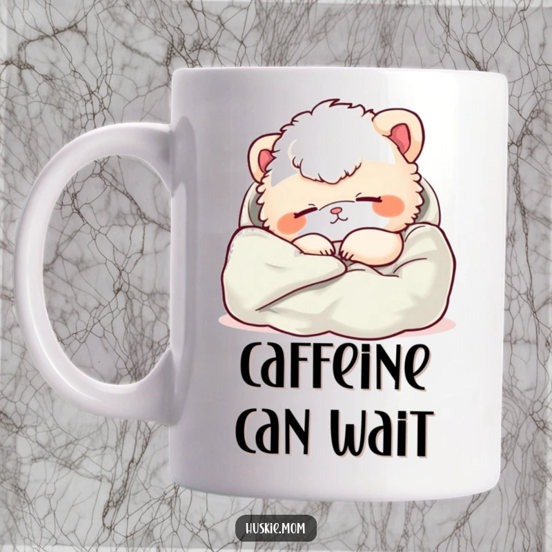 Funny mug featuring a fluffy animal in a relaxed nap posture, nestled in soft fabric, embodying ultimate comfort.