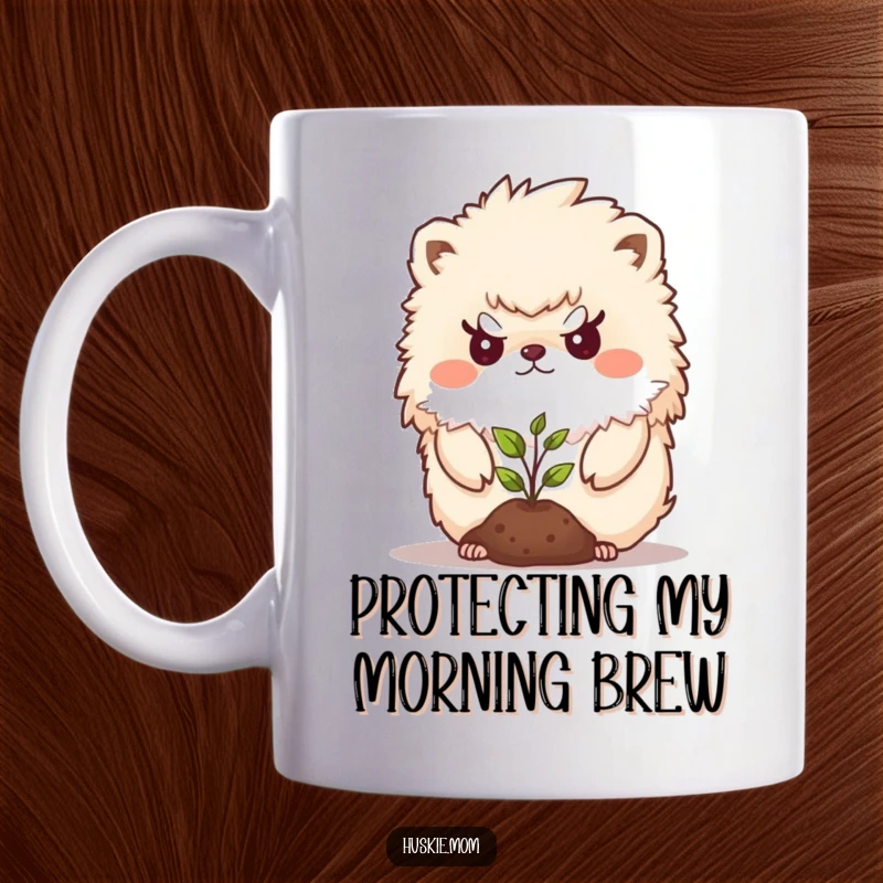 Funny Mug featuring a fluffy animal with a determined look fiercely shielding a tiny seedling, symbolizing protection and humor.