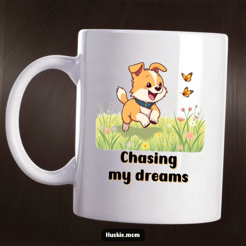Funny dog excitedly chasing a fluttering butterfly in a sunny meadow on a mug, embodying playful exuberance.