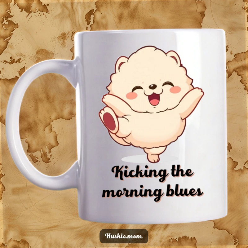 Funny fluffy animal mug with a gleeful expression, happily kicking its legs in pure, comical delight.