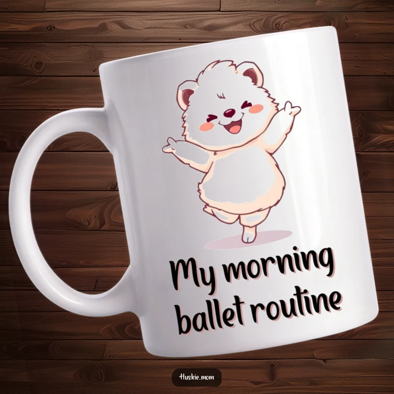 Funny mug featuring a fluffy animal with a big smile performing a dramatic pirouette, expressing pure joy and a love for dance.