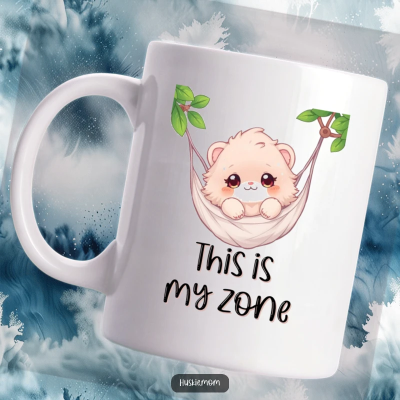 Funny mug with a fluffy animal with sparkling eyes relaxing peacefully in a hammock, embodying ultimate chill.
