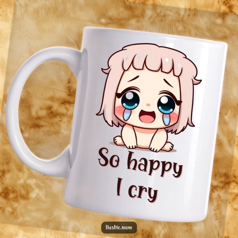 Funny ceramic mug featuring a character laughing uncontrollably with huge, happy tears streaming down their face, conveying pure, unadulterated joy.