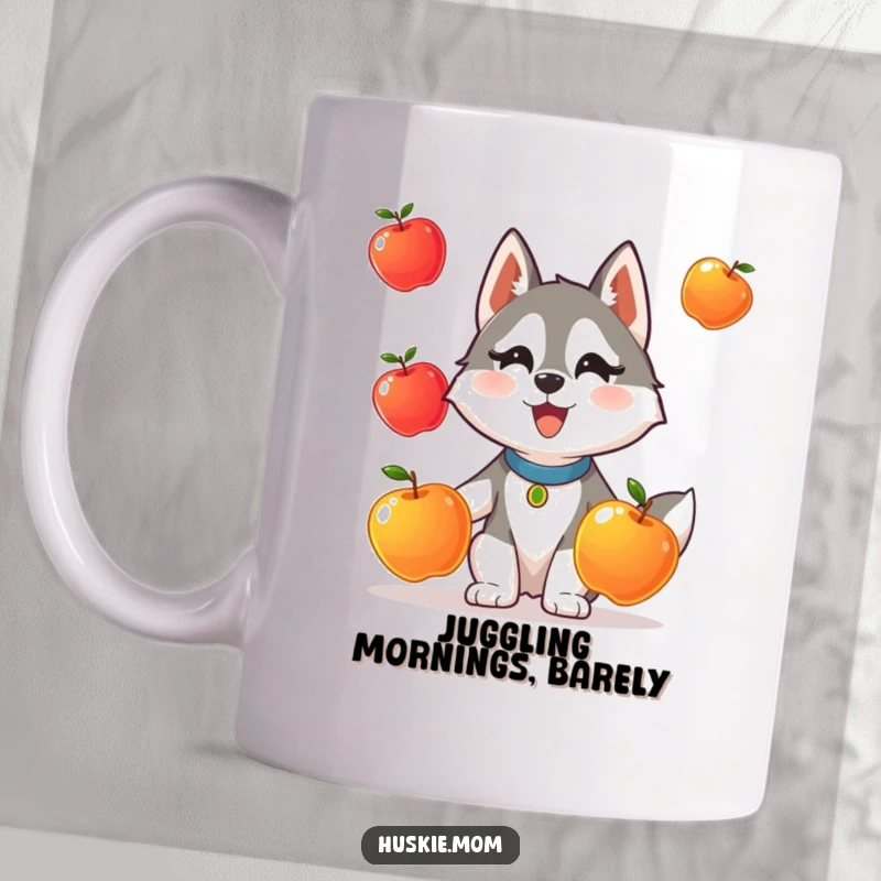 Funny mug: A determined Husky lady animal struggles comically while attempting to juggle three shiny apples.