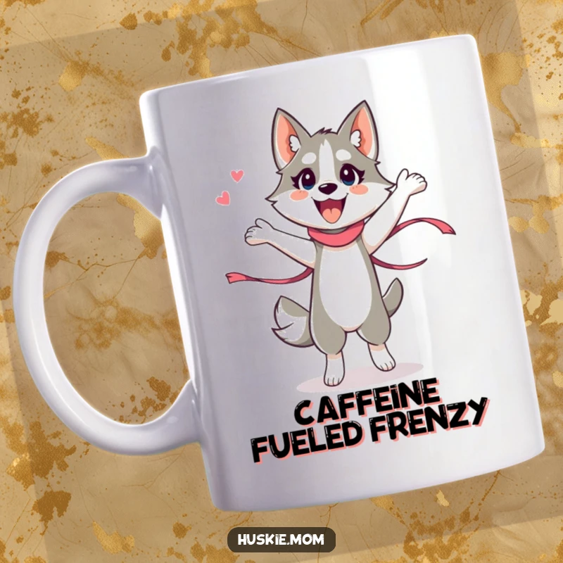 Funny Husky Lady Mug, energetically performing a silly dance with a flowing ribbon, capturing joy and movement.