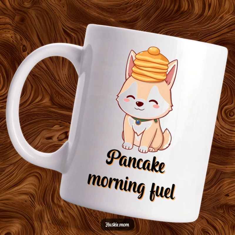 Funny Husky Lady Pancakes Mug: A fluffy dog balancing pancakes on her head, humorous and charming funny gift.