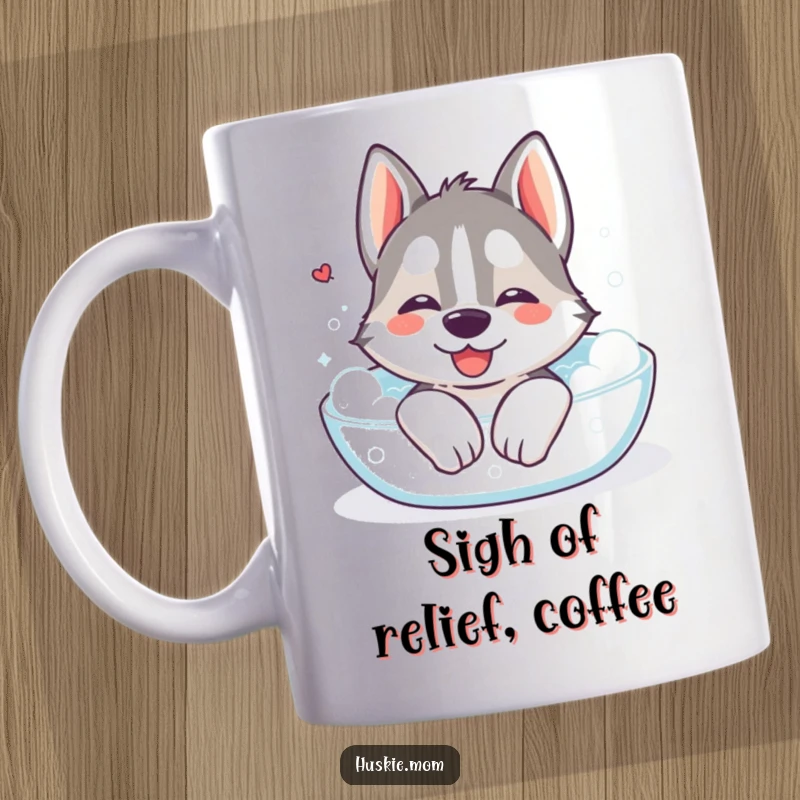 Funny Kawaii Husky Mug: A cute Husky sighing contently while relaxing in a bubbly bath, looking peaceful and happy.