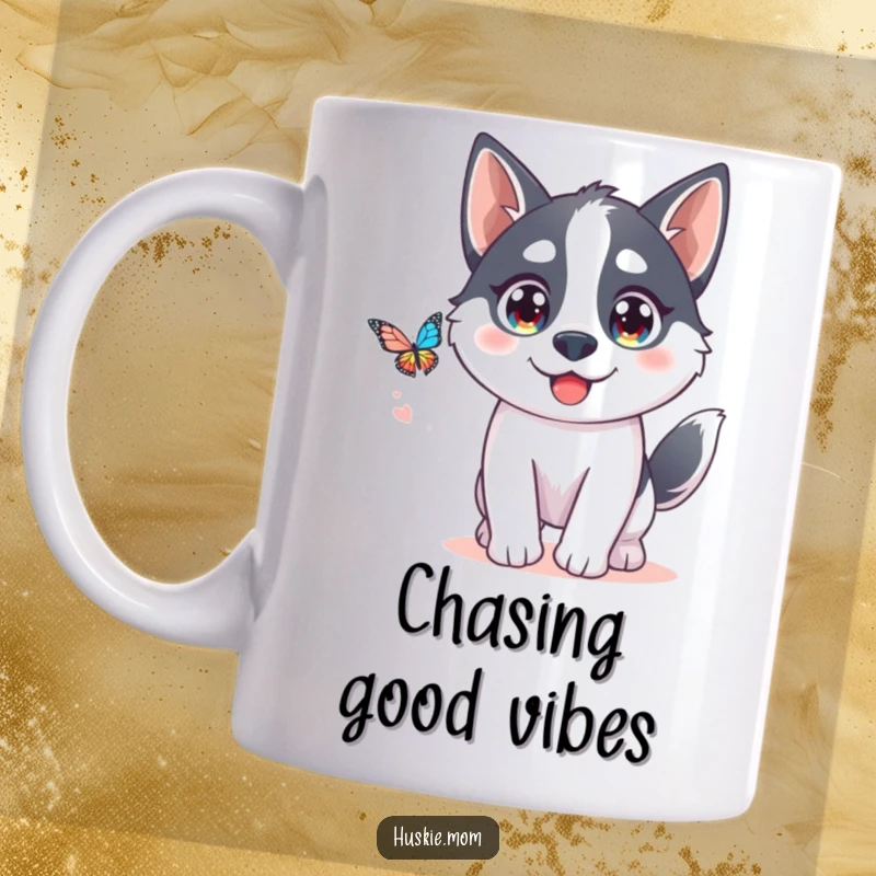 Funny Kawaii Husky Mug: An adorable husky with sparkling eyes playfully chases a butterfly, capturing pure joy.