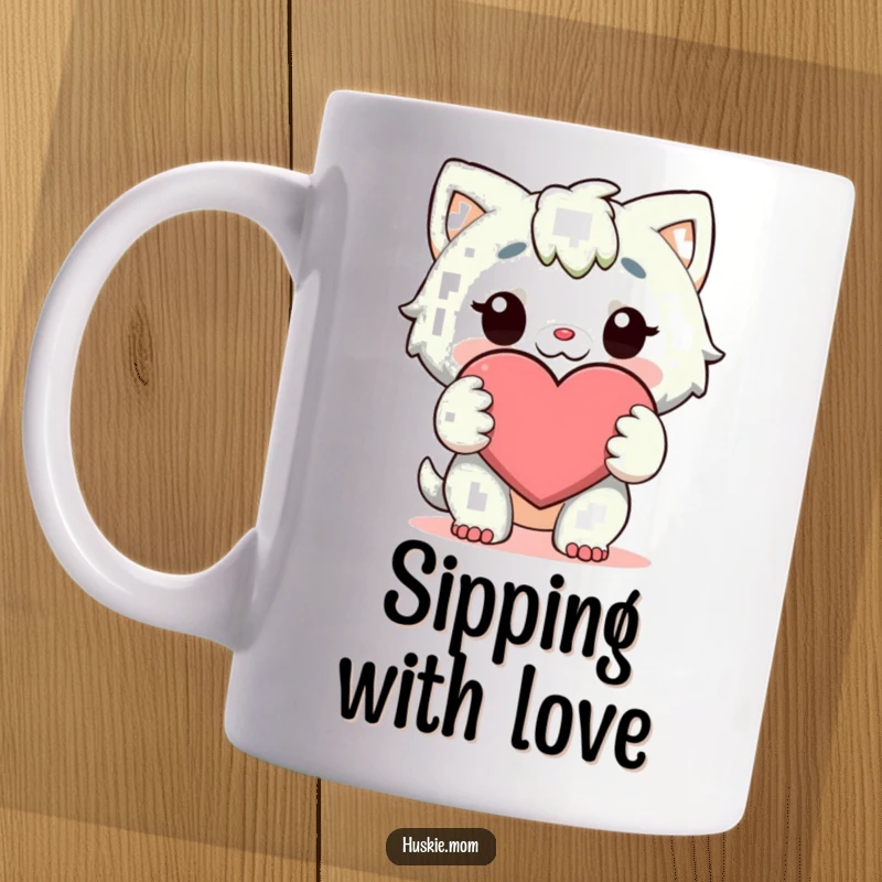 Funny Mug: A character affectionately holds a large, cheerful heart with both paws, radiating love and kindness.