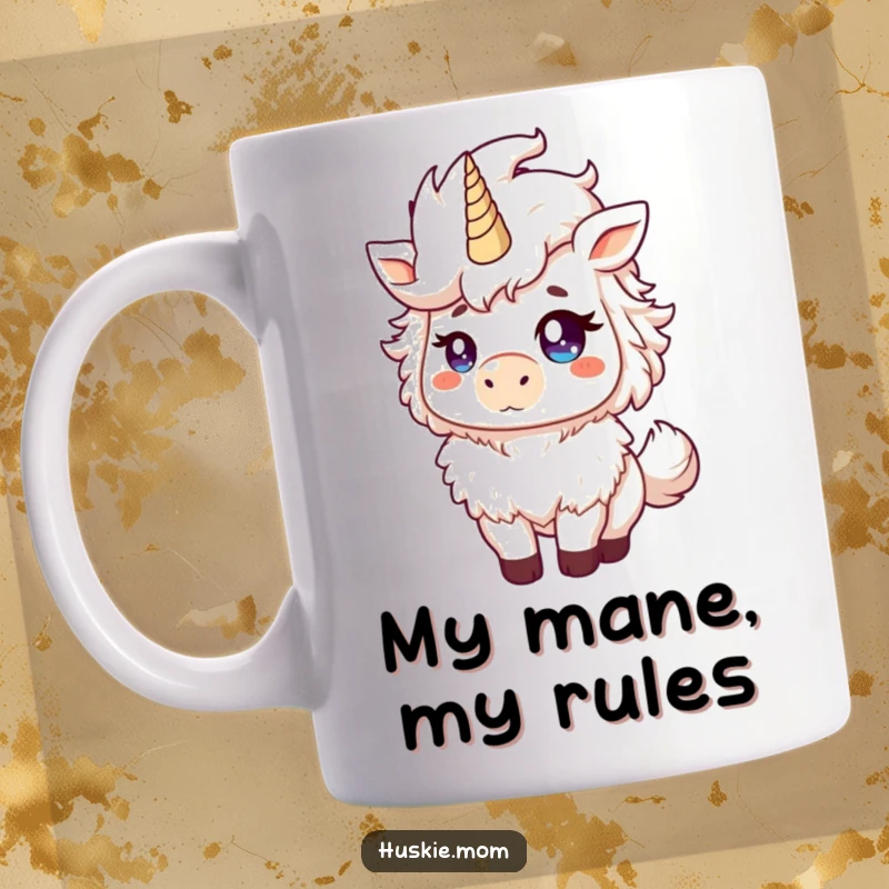 Funny Majestic Fluffy Animal Mug showing a proud creature tossing its mane with a mischievous glint, perfect for a funny gift.