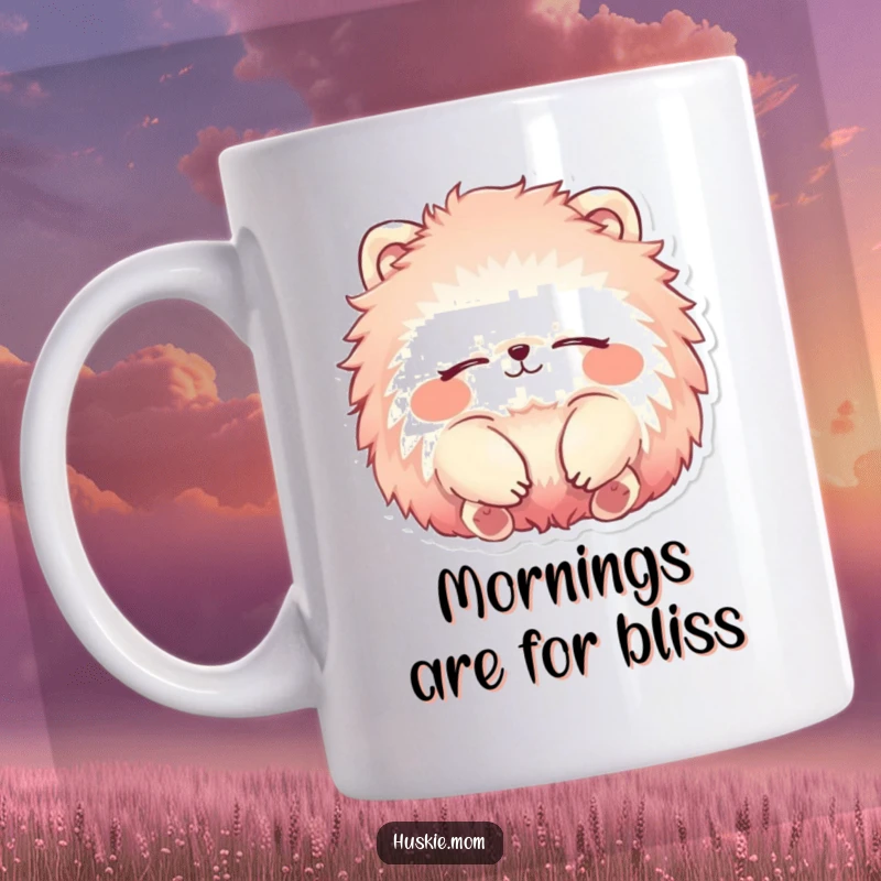Funny Mug featuring a fluffy animal with vibrant fur relaxing peacefully with eyes closed and a smile, radiating calm.