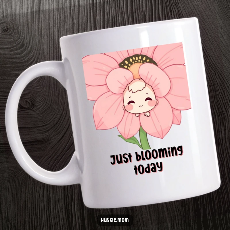 Funny ceramic mug showcasing a cute character shyly peeking behind a massive flower with a bashful, happy grin, capturing sweet shyness.