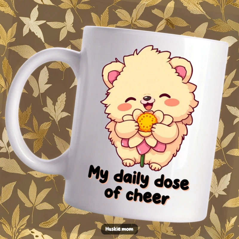 Funny Mug featuring a fluffy animal with a sunny disposition happily embracing a colorful bloom, radiating joy.
