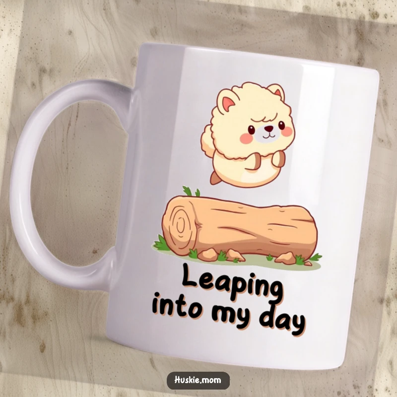 Funny Mug: An energetic fluffy animal with a wagging tail joyfully leaps over a fallen log, full of life.