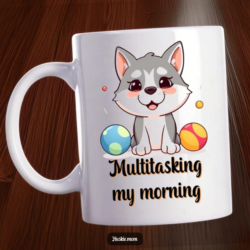 Funny mug showing a silly husky dog with a determined expression attempting to juggle three colorful balls, showcasing playful chaos.