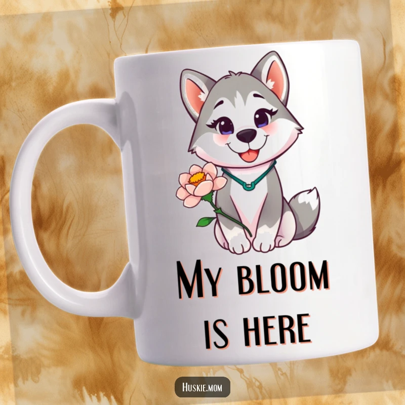 Funny Husky Lady Mug, proudly smiling while holding a beautiful blooming flower, celebrating nature and animal lovers.