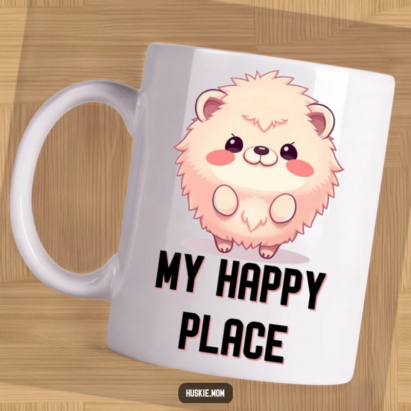 Funny mug with a fluffy animal joyfully bouncing up and down with a bright, happy face, spreading infectious cheer.