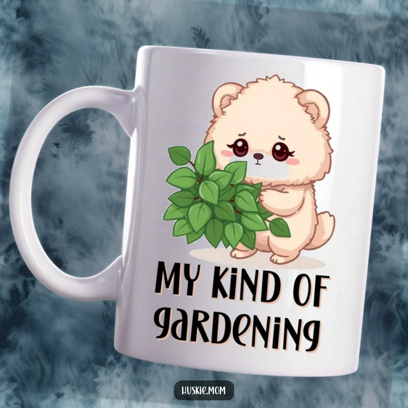 Funny mug featuring a fluffy animal intensely pruning a green leafy bush with a determined gaze, a humorous gardening gift.