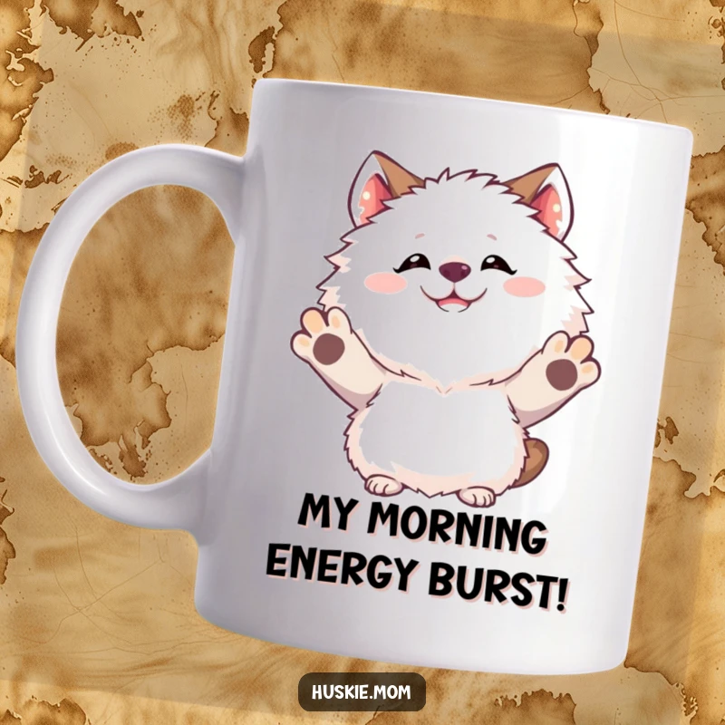 Funny Mug featuring a fluffy animal with a goofy grin joyfully throwing its paws up in the air, celebrating fun.