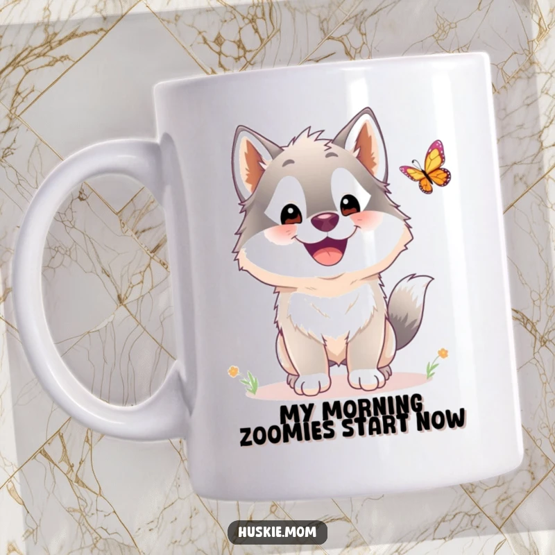 Funny Husky Mug: A fluffy, smiling husky joyfully chases a delicate butterfly in a whimsical, heartwarming scene.