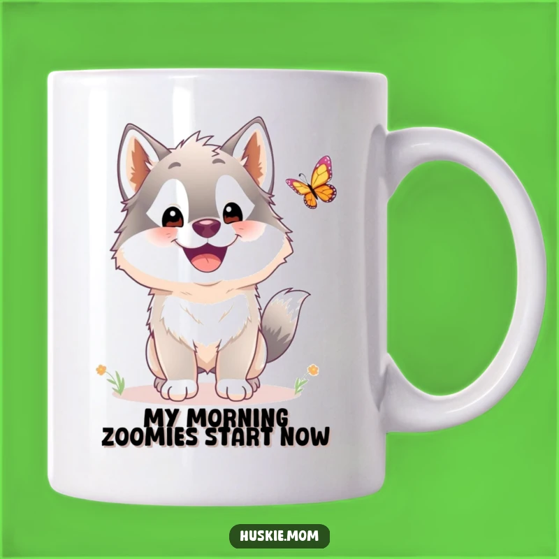 Funny Husky Butterfly Chase Mug: Adorable Fluffy Dog Enthusiast Funny Gift