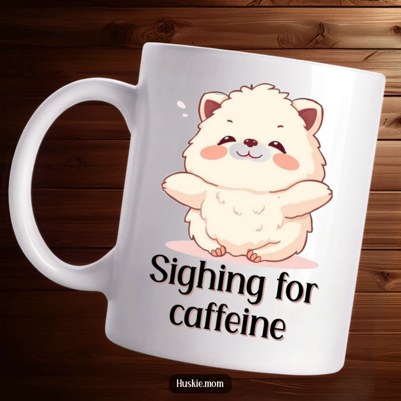 Funny Fluffy Animal Mug: A cute, plush creature stretching contentedly with a happy sigh in a gentle, warm breeze.