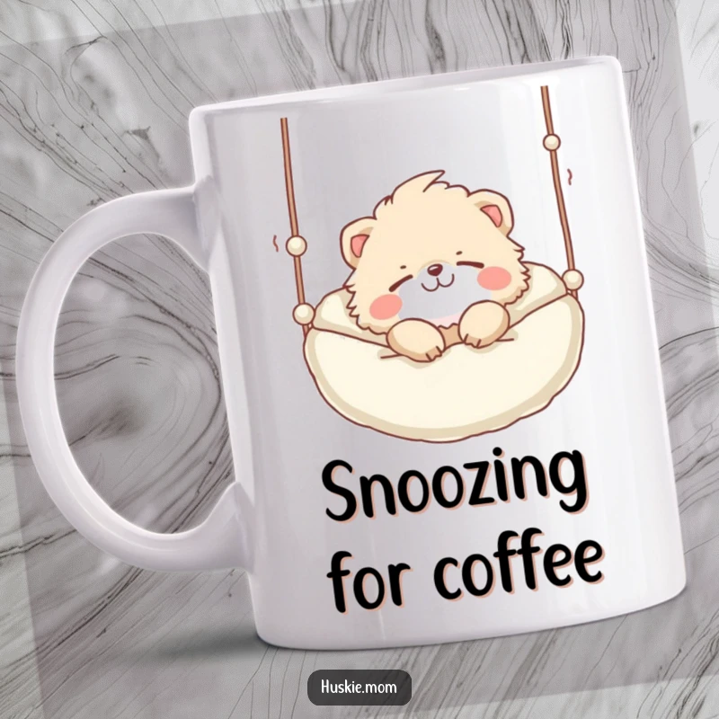 Funny Mug: A fluffy animal with a playful grin sleeping soundly in a cozy suspended bed, embodying deep relaxation.