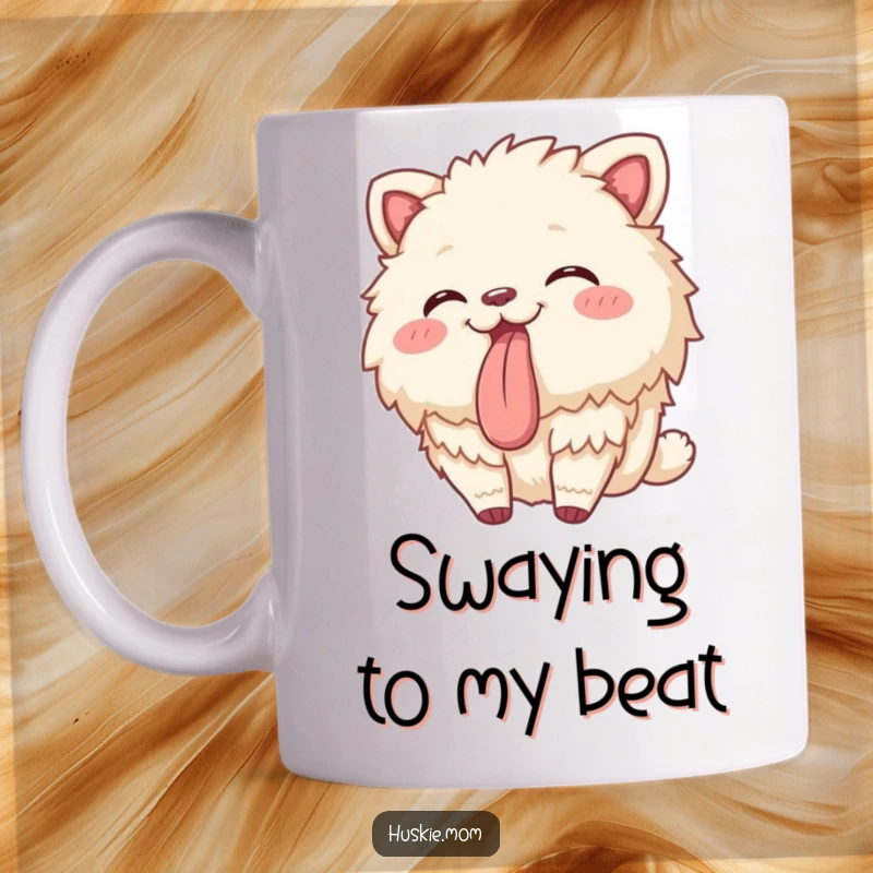 Funny mug featuring a fluffy animal playfully swaying with its tongue sticking out, conveying pure joy and humor.
