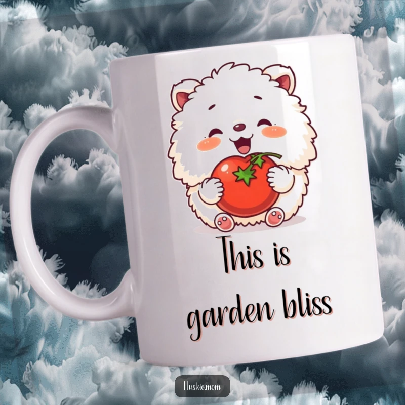 Funny mug with a fluffy animal happily sighing while patting a ripe tomato, embodying garden joy.