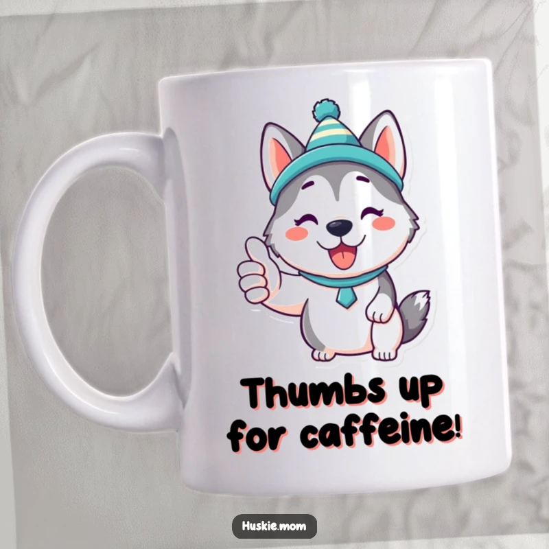 Funny Kawaii Husky Mug: An adorable Husky in a silly hat giving a cheerful thumbs up, radiating happiness and fun.