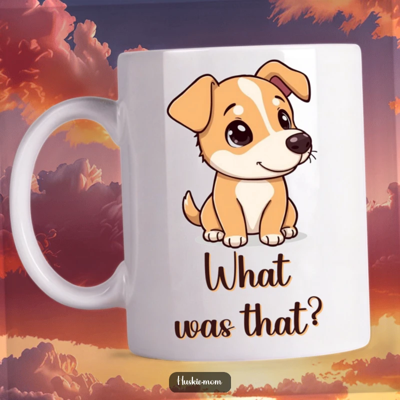 Funny dog tipping its head to the side with a curious and playful look on a mug, showing adorable inquisitiveness.