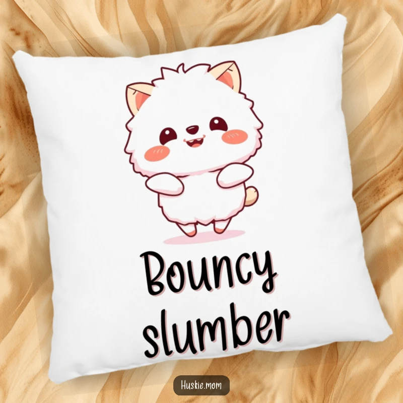Funny pillow showcasing a fluffy animal bouncing enthusiastically with a beaming smile, designed for comfort and adding a cheerful, humorous touch.