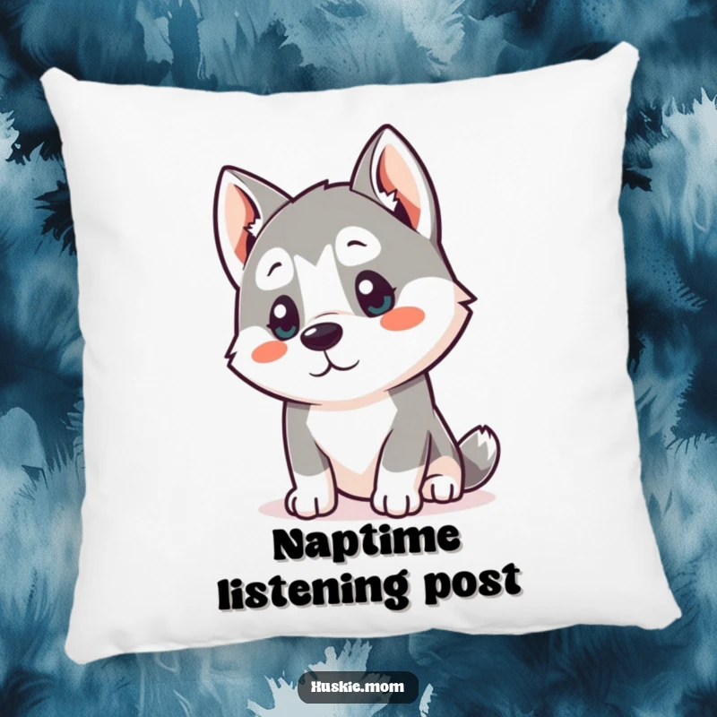 Funny Kawaii Husky Pillow: A soft pillow showcasing a cute husky tilting its head, listening intently.