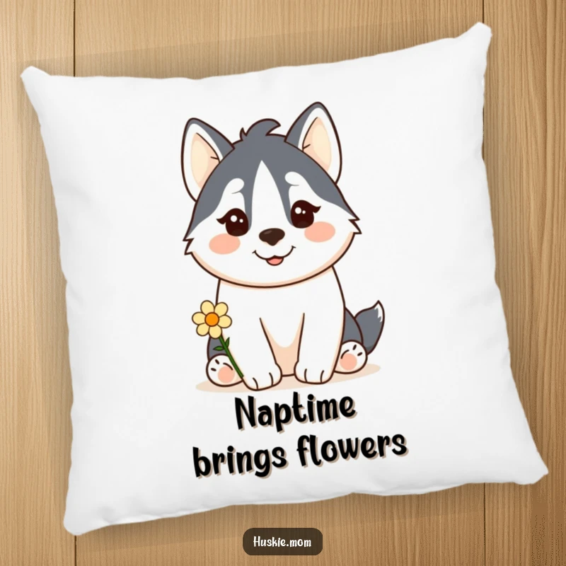 Funny Kawaii Husky Pillow: A soft pillow showcasing a cute husky offering a small flower with a happy smile.