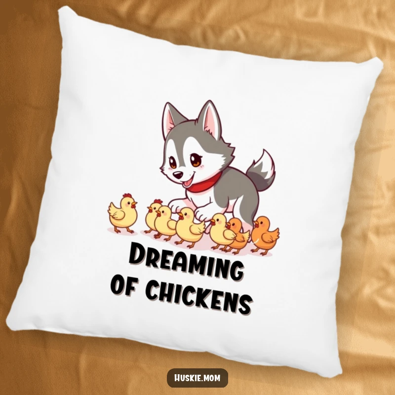 Funny Husky Lady Pillow illustrating a husky attempting to herd a group of tiny chickens, adding humor to decor.