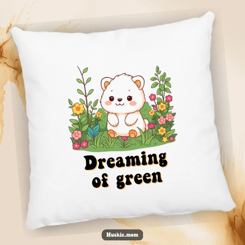 Funny pillow with a smiling fluffy animal resting peacefully amidst a scenic garden, offering comfort and charm.