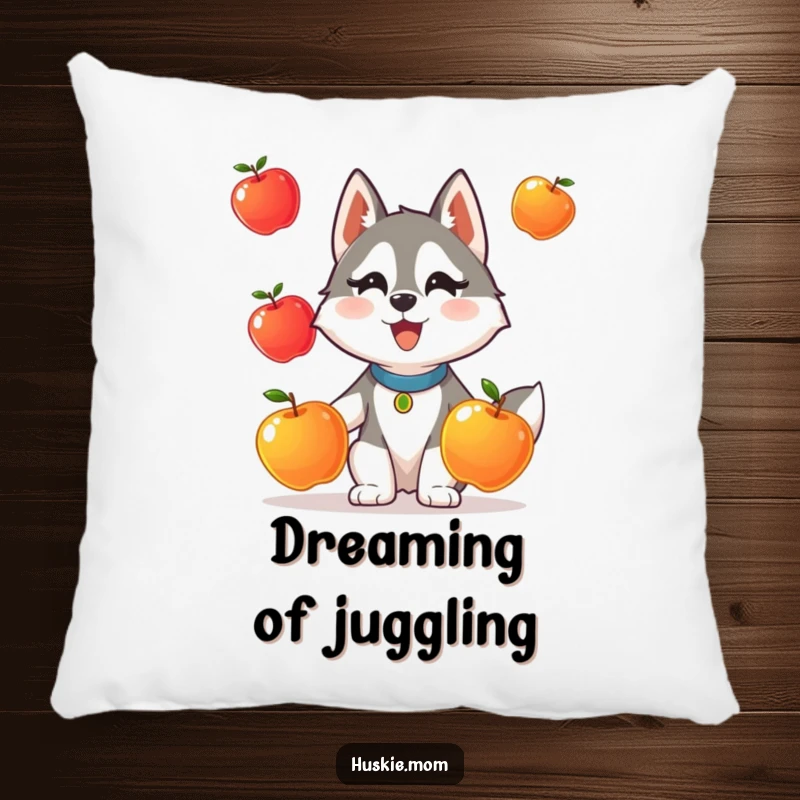 Funny pillow featuring a Husky lady animal comically attempting to juggle three shiny apples.