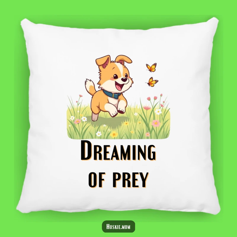 Funny Dog Chase Pillow: Meadow Butterfly Fun, Cozy Funny Gift